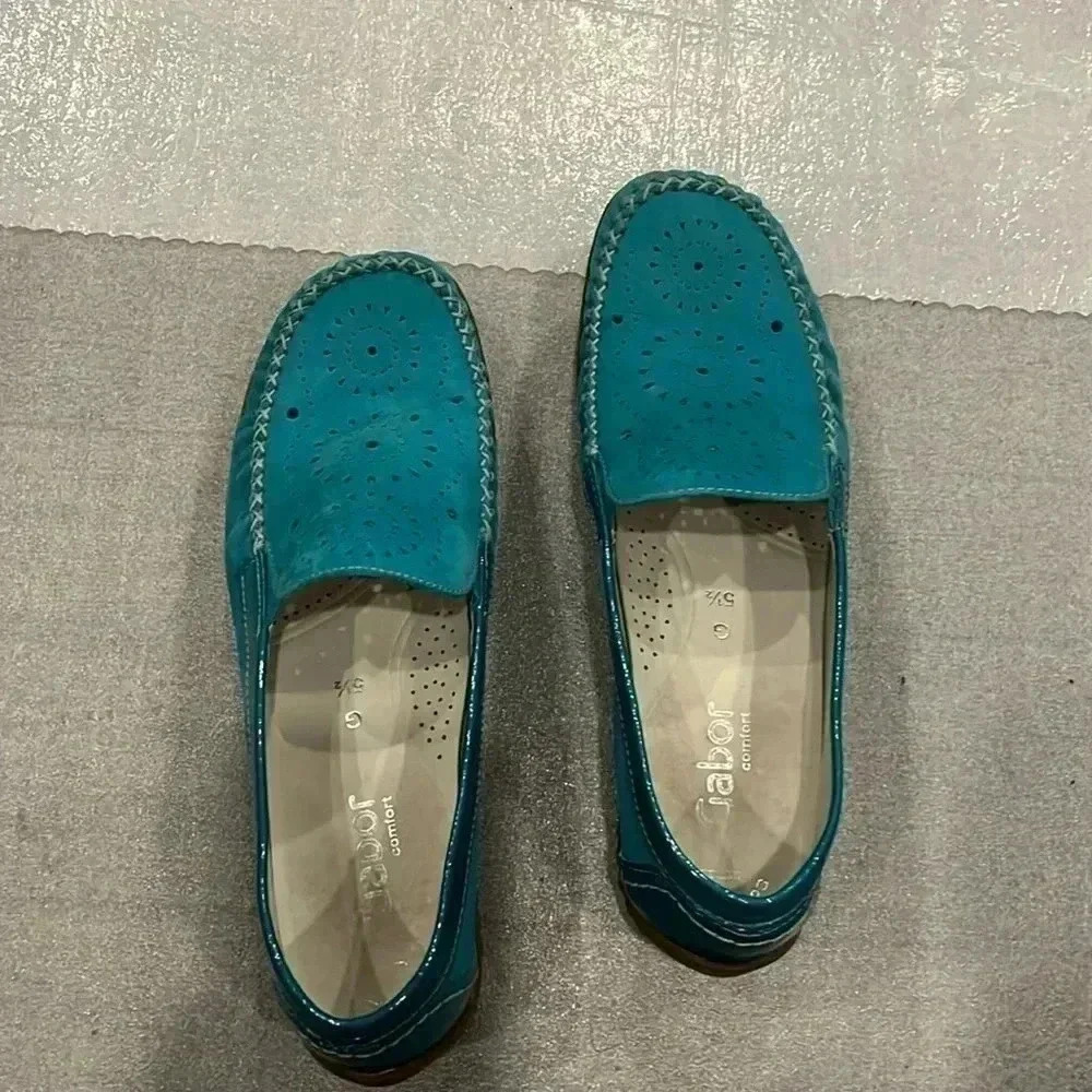 [5.5/US8]Gabor  Comfort Soft Mokashin Turquoise Leather Loafers-EUC